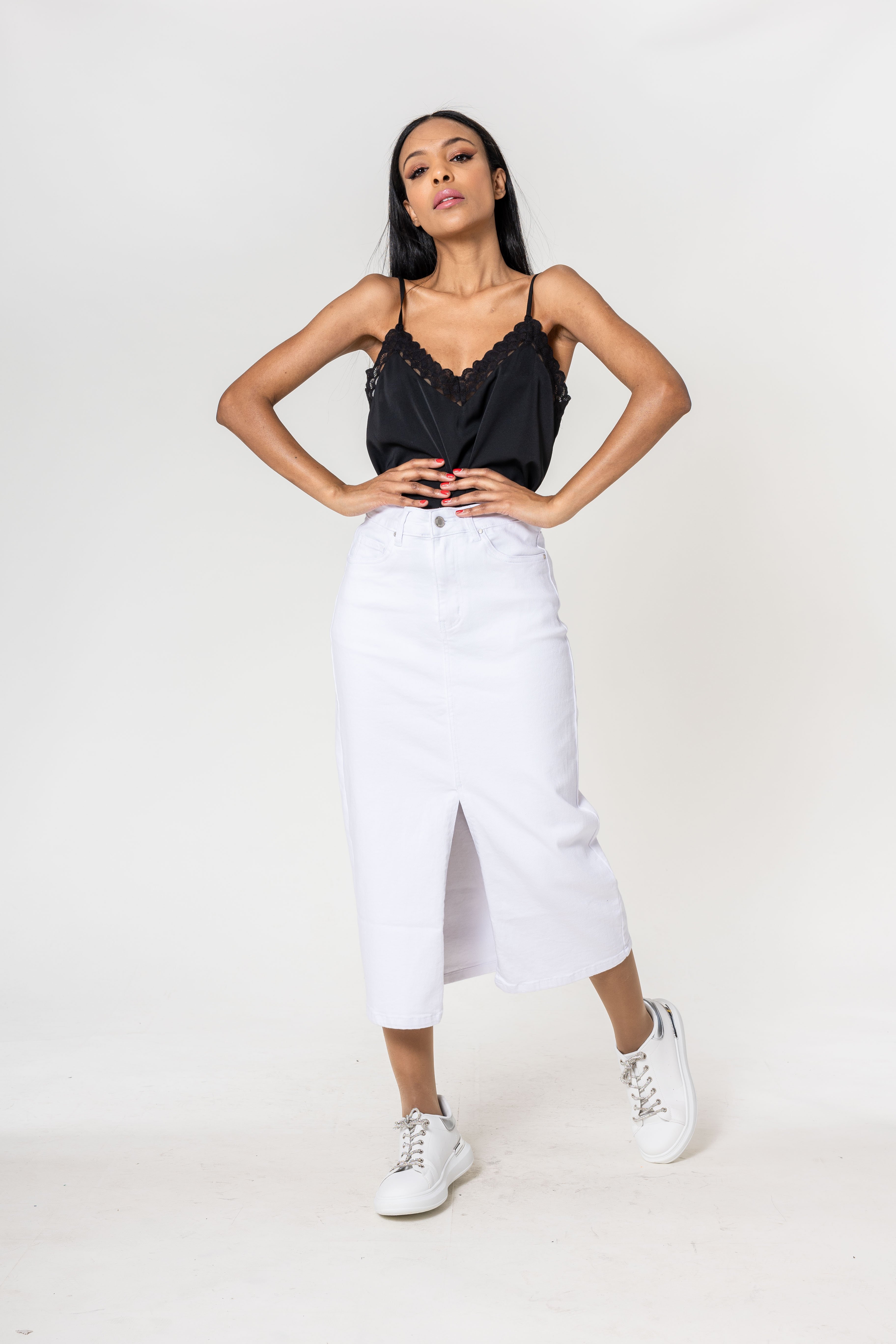 Long denim slit skirt