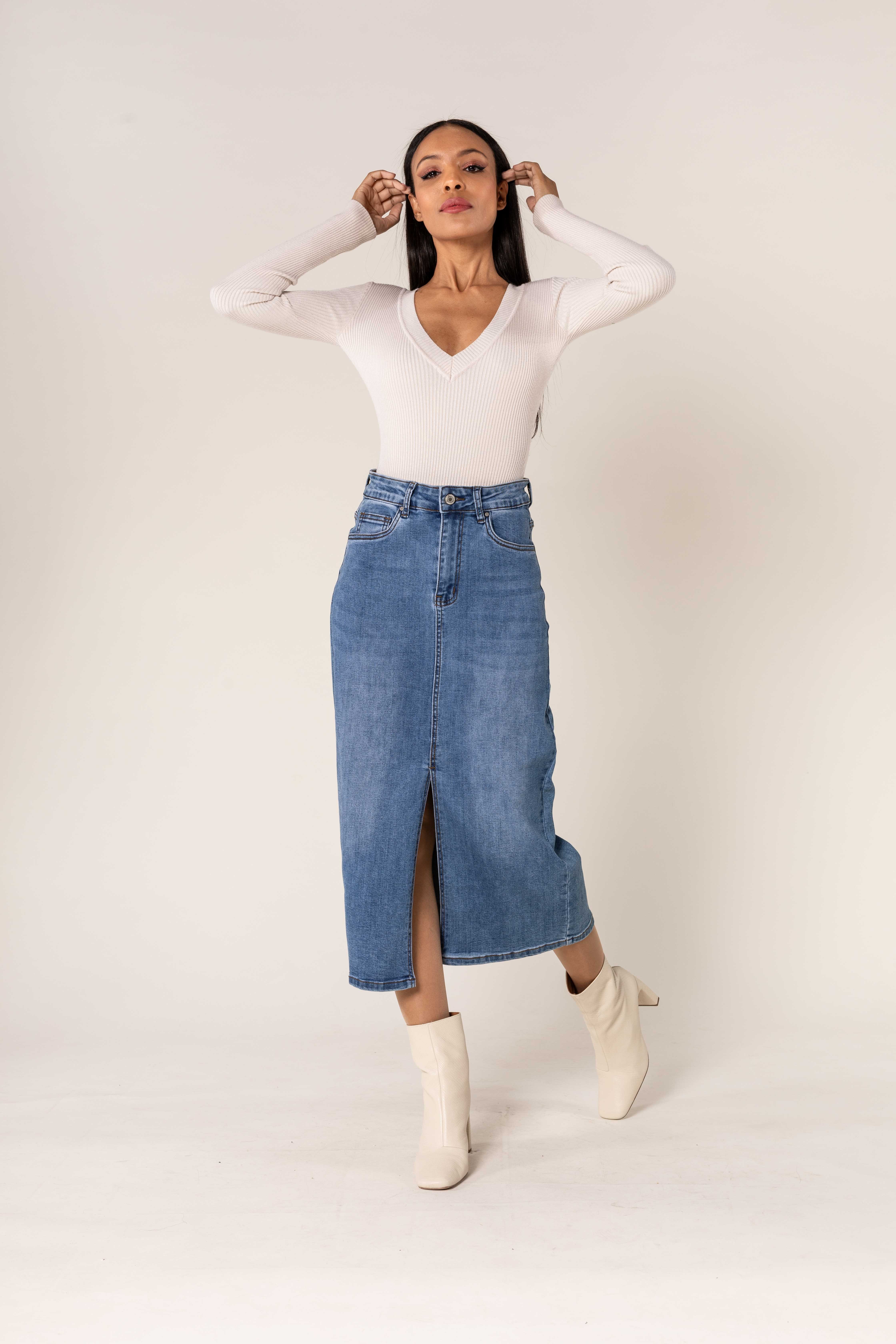 Denim Midi Nederdel 